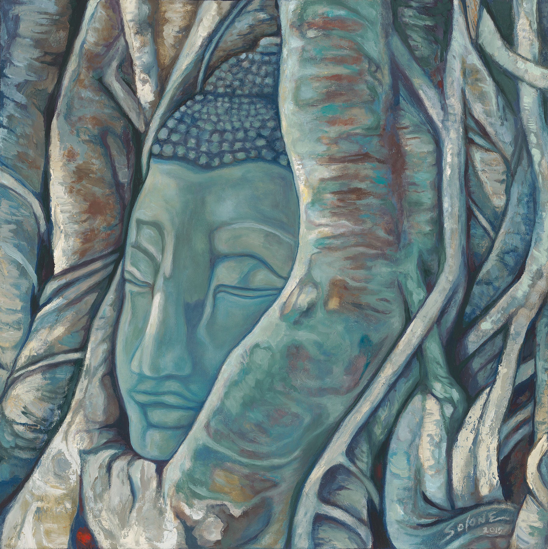 Painting of a buddha head statue with tree roots growing around it.