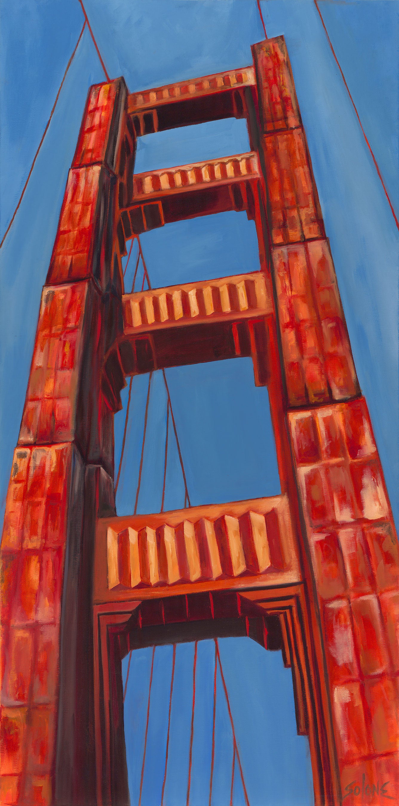 A giclée print of the Golden Gate Bridge with a vibrant red color and a blue sky background.