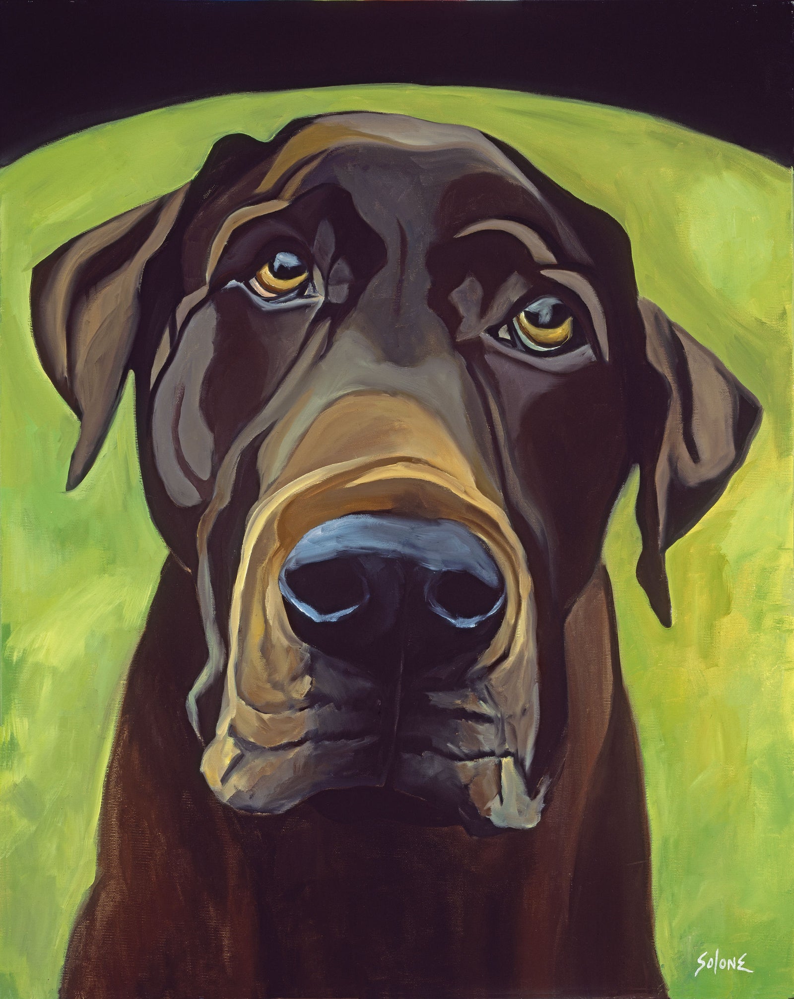 A limited edition fine art giclée print featuring the face of a dog with a green background.