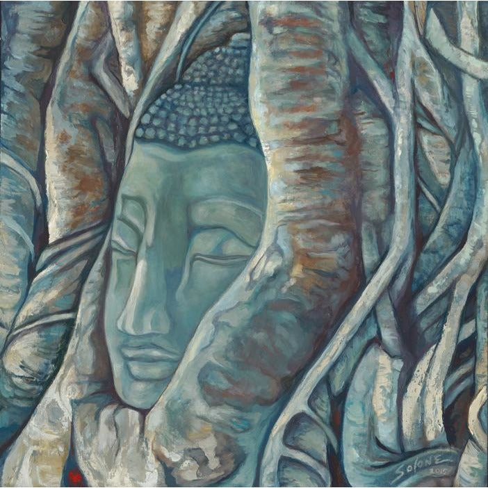 A painting of a Buddha's face emerging from a tree's roots, with a vibrant mix of blue and green tones.