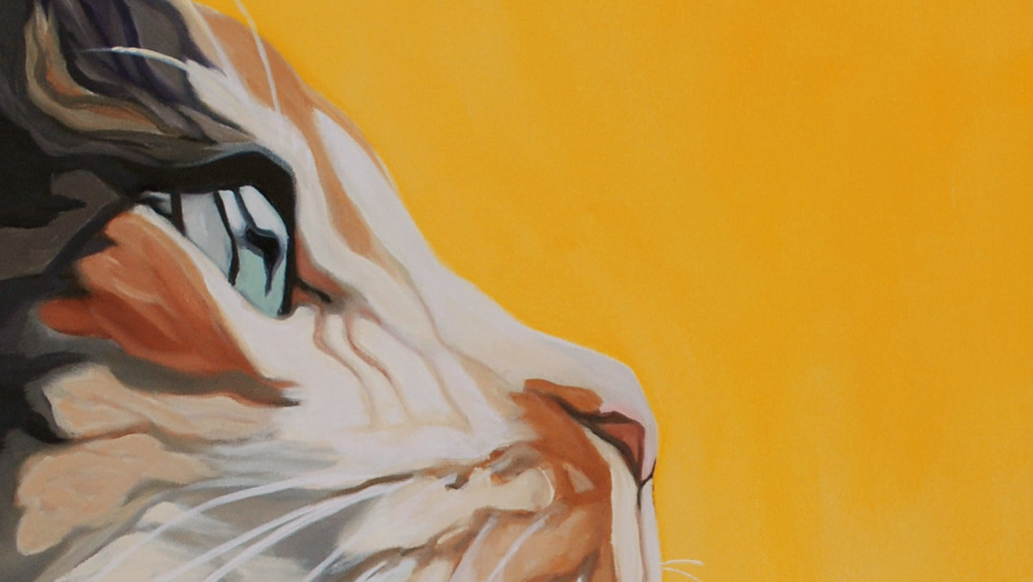 A painting of a cat's face with whiskers, predominantly in shades of gray and beige, with a focus on the cat's facial features.